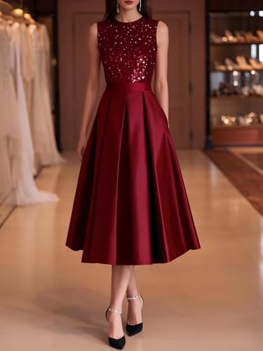 CWOAPO Satin Mother of The Bride Dresses Tea Length Sleeveless Sparkly Sequin A Line Formal Cocktail Dress with Pockets3