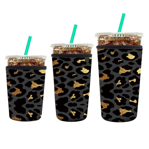 Image of 3 Pack Reusable Neoprene Insulator Sleeve for Iced Coffee Cups, Funny Coffee Cup Sleeves for 16-32oz Coffee cups, Cute Drink Sleeve for Cold Hot Beverages Cute Black Leopard