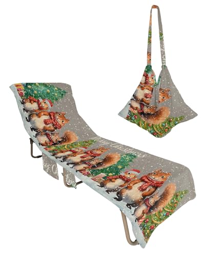 Winter Squirrel Beach Chair Towel Covers for Chaise Lounge with Side Pocket, Soft Plush Pool Towels Cover for Patio Sunbathing Outdoor 29''x85'' Christmas Winter Snowflake Grey