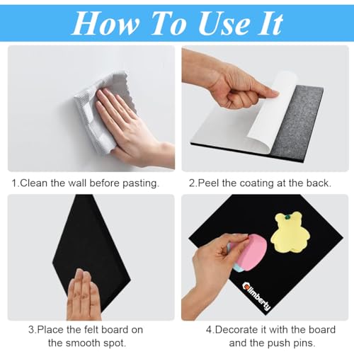 Image of Climberty 6Pcs Black Felt Bulletin Board, 30x30cm Self-Adhesive Wall Boards with 50pcs Drawing Pins, Felt Message Board for Paste Notes, Photos, Schedules (Black)