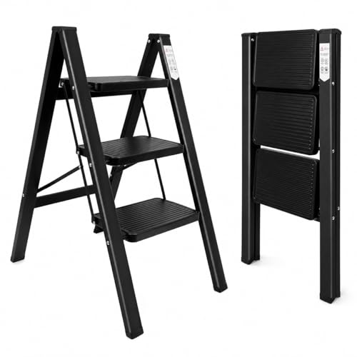 Image of 3 Step Folding Ladder Heavy Duty Steel Step Stool with Anti-Slip Wide Pedals & Rubber Feet, Portable Foldable Household Kitchen Ladder, Compact Utility Stool for Home Adults, Closet, RV & Indoor Use