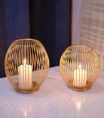 MCHERRY Latarnie vintage na zewnątrz z metalu: Vintage świecznik do lampionów z szklanym zestawem 2 sztuk - dekoracyjny, wyblakły złoty świecznik na wesele, Boże Narodzenie, kominek, salon, taras