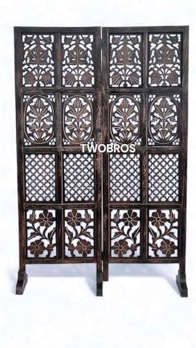 Image of Wooden Room Partition Screen with Burnt Wood Finish | Hand Buffed Traditional Handicraft Room Divider | 6 Ft Height Indoor Room Separator (2 Panel 5 Feet with Stands)