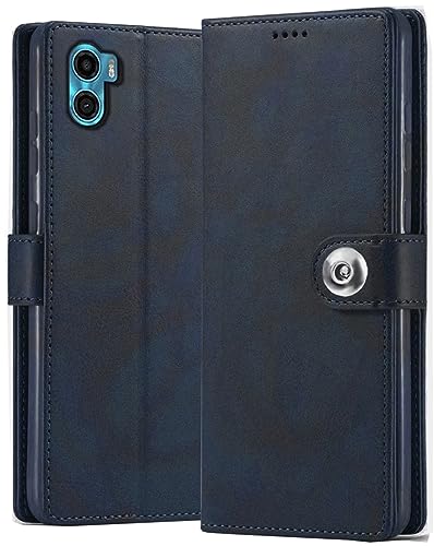 Image of SHINESTAR Ultimate Leather Finish Flip Back Cover for Motorola Moto E32 | Inside TPU & Inbuilt Stand | Wallet Style Motorola Moto E32 Back Cover Case | Stylish Button Magnetic Closure - Blue