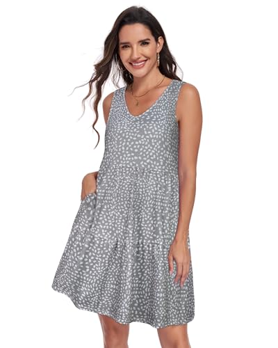 Image of Sundresses for Women Summer Sleeveless Tiered Swing V Neck Tank Dress | 2026 Casual Loose Tank Dress with Pockets, A-Line Flowy Beach Sun dress, Vacation Cruise Fashion Outfits