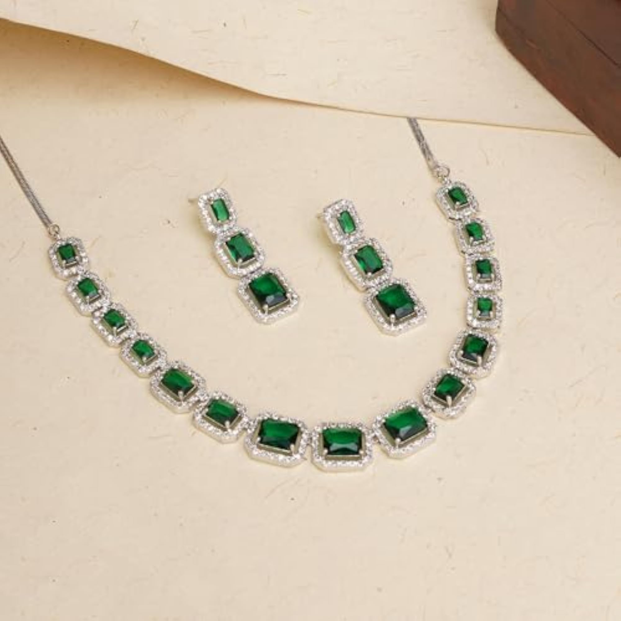 Green American Diamond Necklace Set with Earrings, Stylish Gift