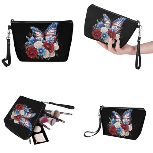 Image of Butterfly Tote Large Top Handle Purse With Matching Wallet, American Flag Handbag Set for Women Satchel Hobo With PU Cosmetic Bag for Working, Shopping, Black