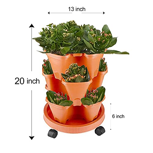 Tectsia Strawberry Vertical Planter Tower Garden, 3 Tiered Stackable Planter Herb Garden Planter With Movable Casters And Bottom Saucer Indoor And Outdoor - Terra Cotta #TOP1