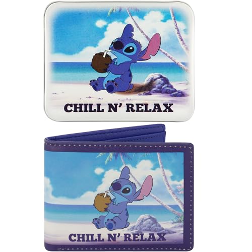 Carteira de costura dupla da Disney em uma caixa decorativa de estanho, Chill N' Relax, Carteira Disney Stitch, Chill N' Relax, fina, dobrável, com capa decorativa de lata para homens e mulheres