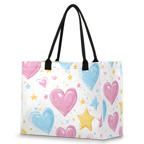 Happy Love Stars Tote Bag for Women Large Beach Bag Reusable Tote Bags for Work Travel Beach Shopping