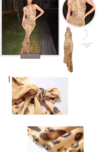 Image of Maxi Dress Halter Neck Sleeveless Leopard Print Lace-up Backless Chic Irregular Hem Sexy Vacation Beach Dress (Brown,S,Small)