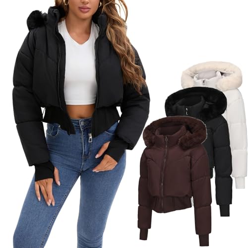 HGps8w Women's Cropped Puffer Jackets with Faux Fur Hood, Short Ladies Warm Winter Padded Quilted Coat with Pockets2