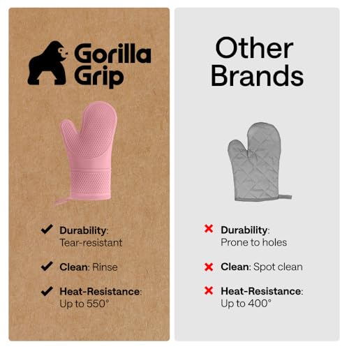 Image of Gorilla Grip Premium Silicone Non Slip Oven Mitt Set, Soft Flexible Oven Gloves, Professional Heat Resistant Kitchen Cooking Mitts, Protect Hands from Hot Surfaces, Cookie Sheets, Pink Pair, Set of 2