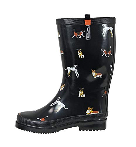 Regenliebe Damen Gummistiefel Waldi High Langschaft Regenstiefel Hunde Motiv, Farbe:schwarz, Größe:42 EU