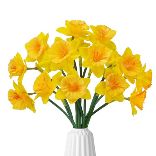 MHMJON 15pcs Artificial Yellow Daffodils Silk Flowers with S