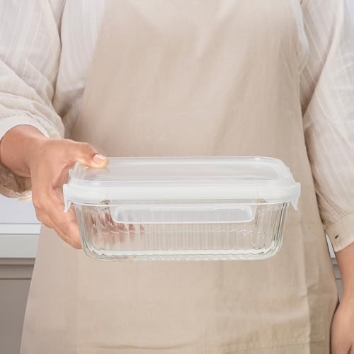 Image of Borosil 1.05 L Fluted Klip N Store Rectangle Food Storage Container with Air Tight Glass Lid | Borosilicate Glass Container for Lunchbox | Microwave & Dishwasher Safe | Transparent