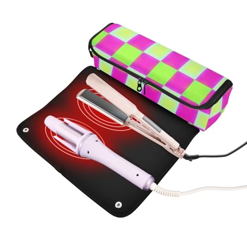 Bolsa de viaje para herramientas de cabello y tapete resistente al calor con cierre impermeable portátil para planchas, alisadores, rizadores, mochila de viaje de tela a cuadros Neon-Ombre Glow para cabello miniatura 2