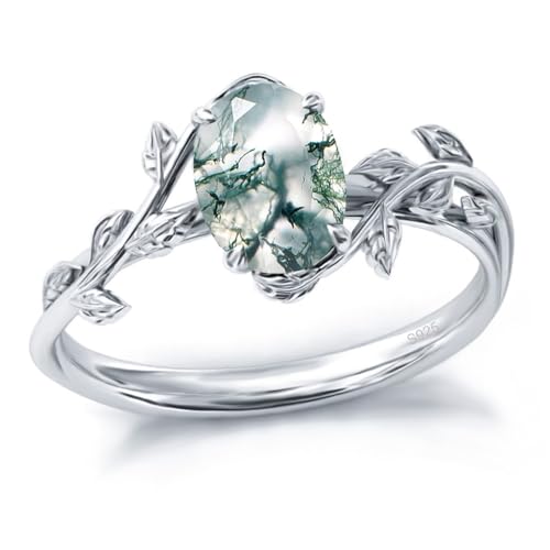 Wasee Natural Moss Agate Ring 925 Sterling Silver Oval Green Moss Agate Engagement Ring Leaf Promise Wedding Ring Jewelry Gift for Women Ring Size 5