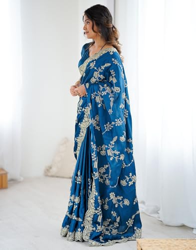 Image of SIRIL Women's Satin Embroidery And Scalloped Border Saree With Unstitched Blouse Piece