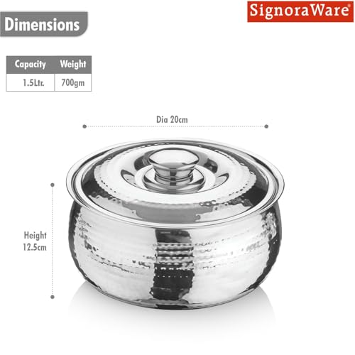 Image of Signoraware Hot Delight Hammered Stainless Steel Casserole | Airtight Lid | Retain Freshness | Great For Travelling or Small Gatherings | Perfect For Hot Curry, Chapatti & Rice (1.5 Ltr | Steel)