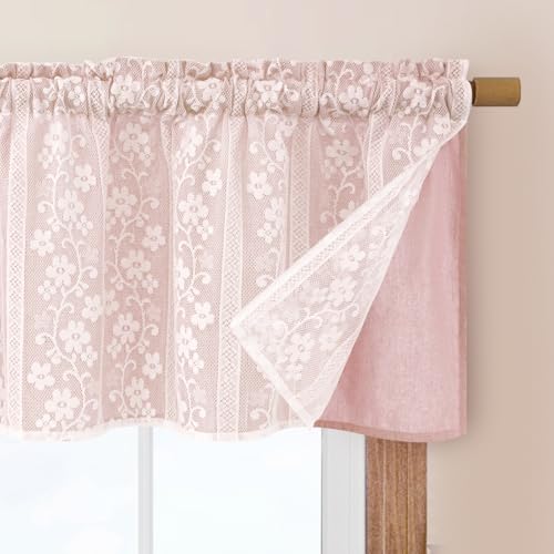Alishomtll Scheibengardinen Rosa, Modern Kurz Bistrogardine, Doppellagig Küchengardinen mit Leinen und Spitze, Landhausstil Fenstergardinen, Kurzgardine für Küche Fenster Wohnzimmer 120Bx45H cm