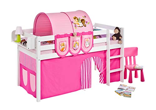 Lilokids Sonderpreis Set Angebot - Spielbett JELLE Filly - TÜV & GS geprüft - Weiß - Hochbett mit Vorhang, Tunnel, Taschen und Lattenrost Cover