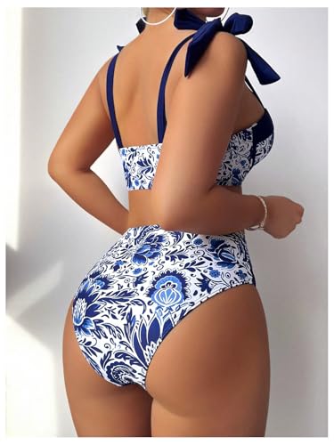 MakeMeChic Women's 2 Piece Bikini Set Floral Print Tie Shoulder Contrast Binding High Waisted Swimsuit Bathing Suit2