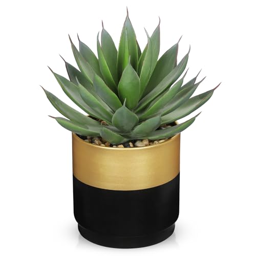 Briful Succulents Plants Artificial for Home Decor Realistic Potted Fake Agave Plant Gold Black Metal Pot Cute Aloe Maguey Faux Plant Shelves Tables Decor Modern Farmhouse Kitchen Decorations