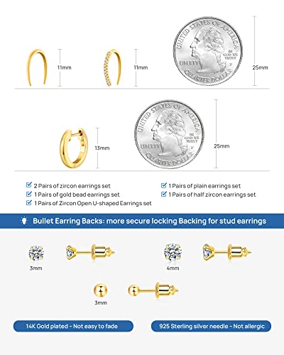 Gold Earrings Small Huggie Hoop - 14K Gold Plated Gold Hoop Earrings Studs Earrings For Women Girls Tiny Hypoallergenic Lightweight Dainty Minimalist Ball Earrings Pack #TOP4