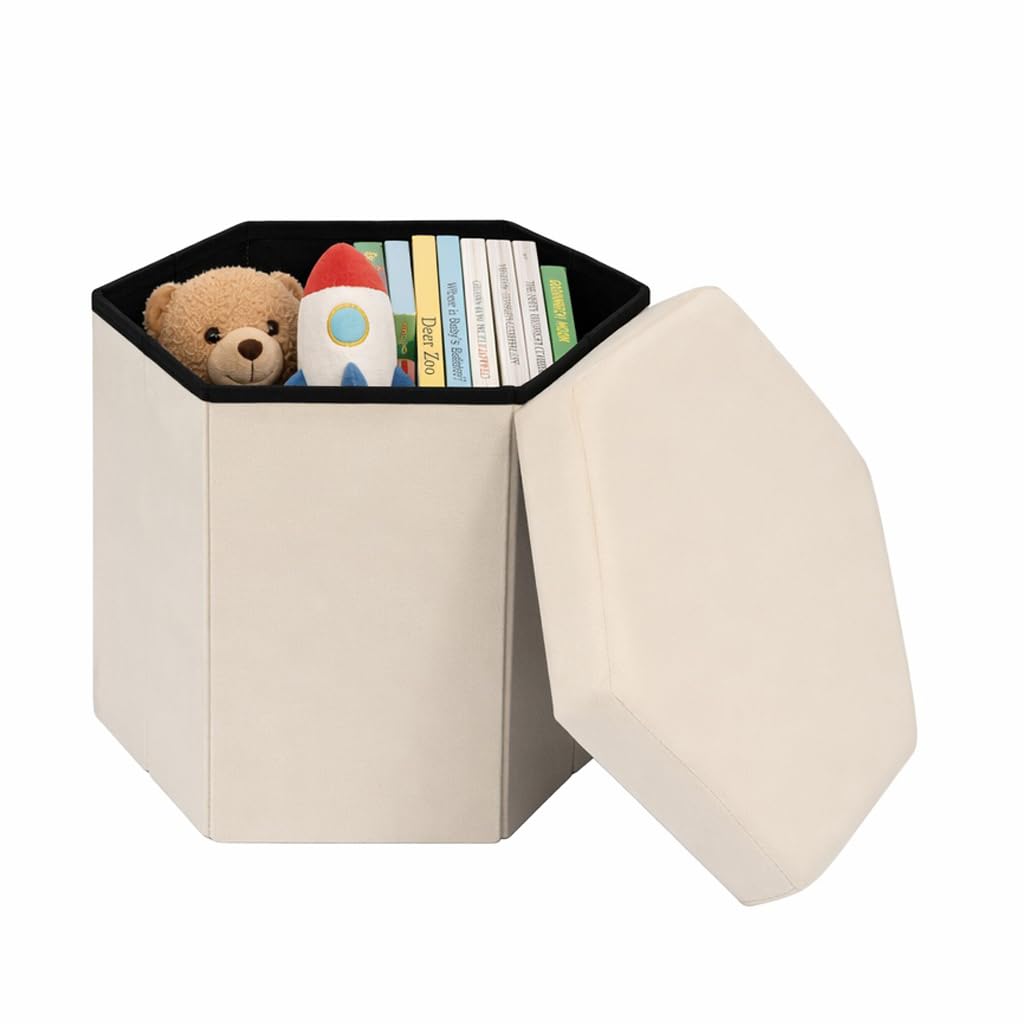 Bonlife Folding Storage Ottoman Hexagonal, Footrest with Chest Box, 43cm