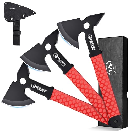 Dream Reach 3-Pack Throwing Axe Set, Full Tang Handle Hatchets with TPR Rubber Sleeve and Protective Sheaths, Safe Axe Throwing Games for Recreation and Competition