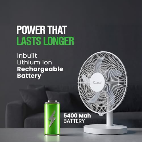 Image of Rico 12 inch Rechargeable Table Fan with BLDC Motor, Built-in Power Bank & Type-C Charging | 3-Speed | 3hr High / 10hr Low Runtime | Silent & Portable