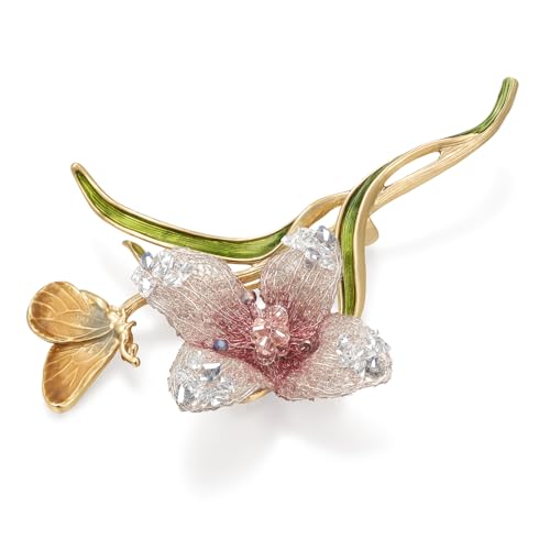 Image of Handmade Embroidery Flower Brooch Pins for Women, SHE'S FREE STYLE JUST FOR YOU Luxury Gradient Stitching Floral Brooch Pins with Crystal stamen, Enamel Metal Butterfly with Green Leaves, Hand Dripping Oil Jewelry pins