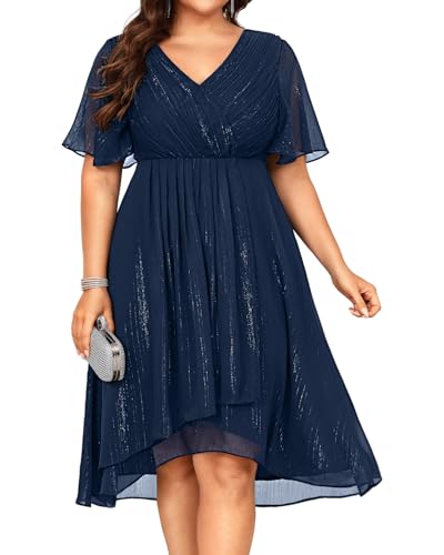 Plus Size Cocktail Dress - Formal Wedding Guest Fall Long Sleeve A Line Pleated V Neck Midi Dresses for Curvy Women