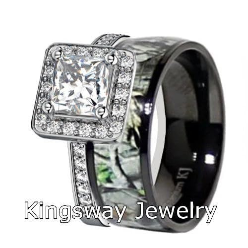 His & Her Black Titanium Camo Sterling Silver Halo Engagement Wedding Ring Set3