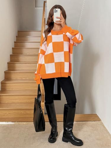 Image of SHENHE Women's Checkered Color Block Oversized Sweater Plaid Crew Neck Drop Shoulder Pullovers