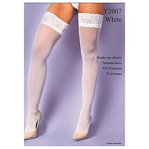 Meia calça lisa 7/8 com detalhe rendado e em silicone na parte superior da coxa - Branco - YAFFA Lin