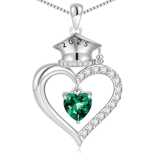 2025 Graduation Gifts for Her - S925 Sterling Silver Heart Graduation Cap Birthstone Necklaces, Class of 2025 High School College Graduation Gifts for Her