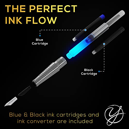 Yokra Fountain Pen Set With Ink And Converter - Caligraphy Pens For Writing, Medium Nib, 6 Ink Cartridges (3 Black Ink,3 Blue Ink), Best Pens For Smooth Writing Journaling Stunning Luxury Pen Gift Set #TOP6