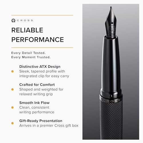 Image of Cross ATX Executive Brushed Black PVD Fountain Pen with Polished Black PVD Trim - Medium Nib, Smooth Writing, Premium Gift Box