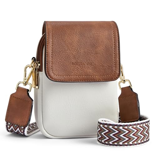 BOSTANTEN Small Crossbody Bags for Women Cell Phone Purse Leather Wallet Handbags with Card Slots Brown with Beige