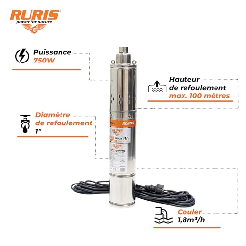 Pompe submersible 100M RURIS pour puiser l'eau propre sans perte de débit