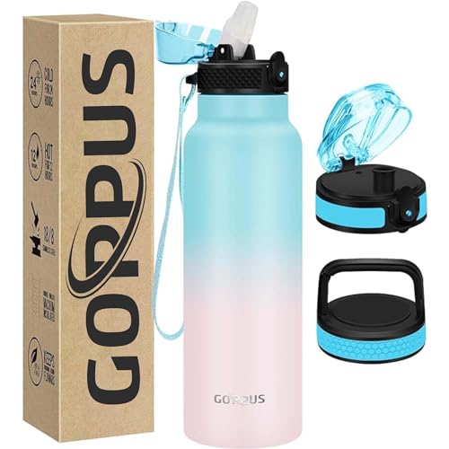 GOPPUS 750ml/24oz Insulated Water Bottles with Straw 0.75 Litre Metal Bottles Steel Thermal Flask Stainless Steel Gym Bottle Double Walled Drinks Bottle Leakproof Hot/Cold Water Flask BPA Free