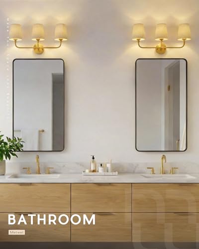 Image of 3-Light Bathroom Light Fixtures, Brushed Gold Vanity Lights with Brown Fabric Shade, Modern Sconces Wall Lighting for Hallway Bedroom, Upward Lighting, VL837-BG-L-3