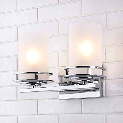 Image of JONATHAN Y Fairfax 2-Light Bathroom Vanity Light 14.25 inch Metal /Glass, Chrome | Art Deco Style, Frosted White Cylinder Shades, Dimmable, LED Bulbs Included, Hardwired Mirror Wall Sconce