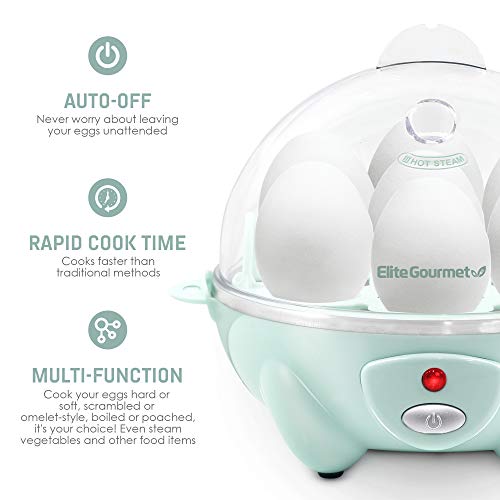 Elite Gourmet Egc007M Rapid Egg Cooker, 7 Easy-To-Peel, Hard, Medium, Soft Boiled Eggs, Poacher, Omelet Maker, Auto Shut-Off, Alarm, 16-Recipe Booklet, Mint #TOP4