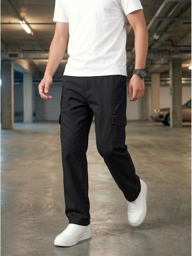 Image of Men's Cargo Trousers-100% Premium Cotton Regular Fit Lightweight Breathable Elastic Waist Multi-Pocket Casual Utility Pants