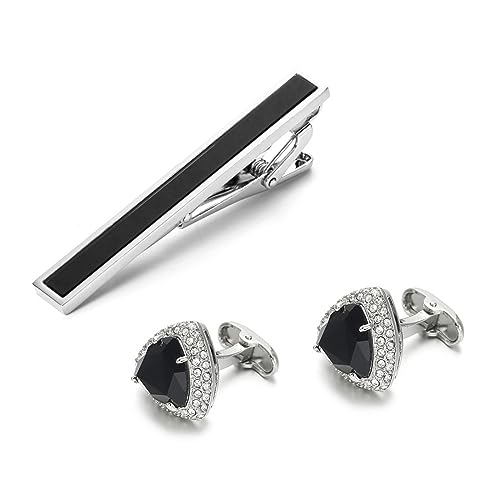 Gemelos con clip de corbata para hombre en acero pulido con diamantes 4