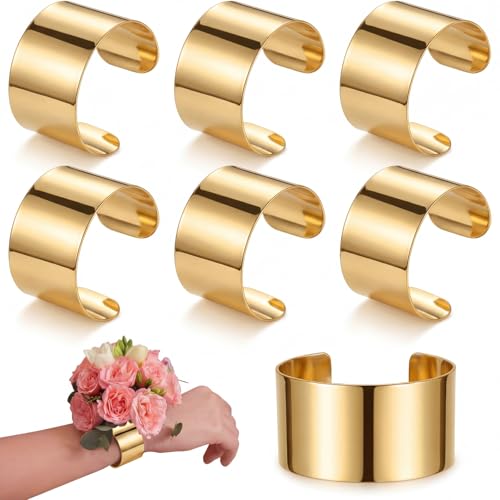 Liliaafar 6 Pcs Corsage Wrist Bracelet Bands Bride Bangle Bracelet Elastic Wrist Corsage DIY Wedding Wristband Wide Open Cuff Adjustable Accessory for Bridal Party Prom (Cuff Gold)