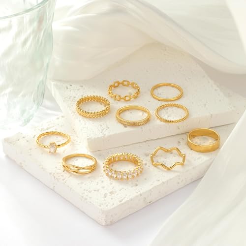 PLOMFOV Gold Plated Stackable Rings - Wedding Bands & Eternity Rings, Dainty 14K Gold Plated, Thin & Simple, Trendy Thumb Stacking Ring Pack (Size 12/11/10/9/8/7/6/5/4) 5